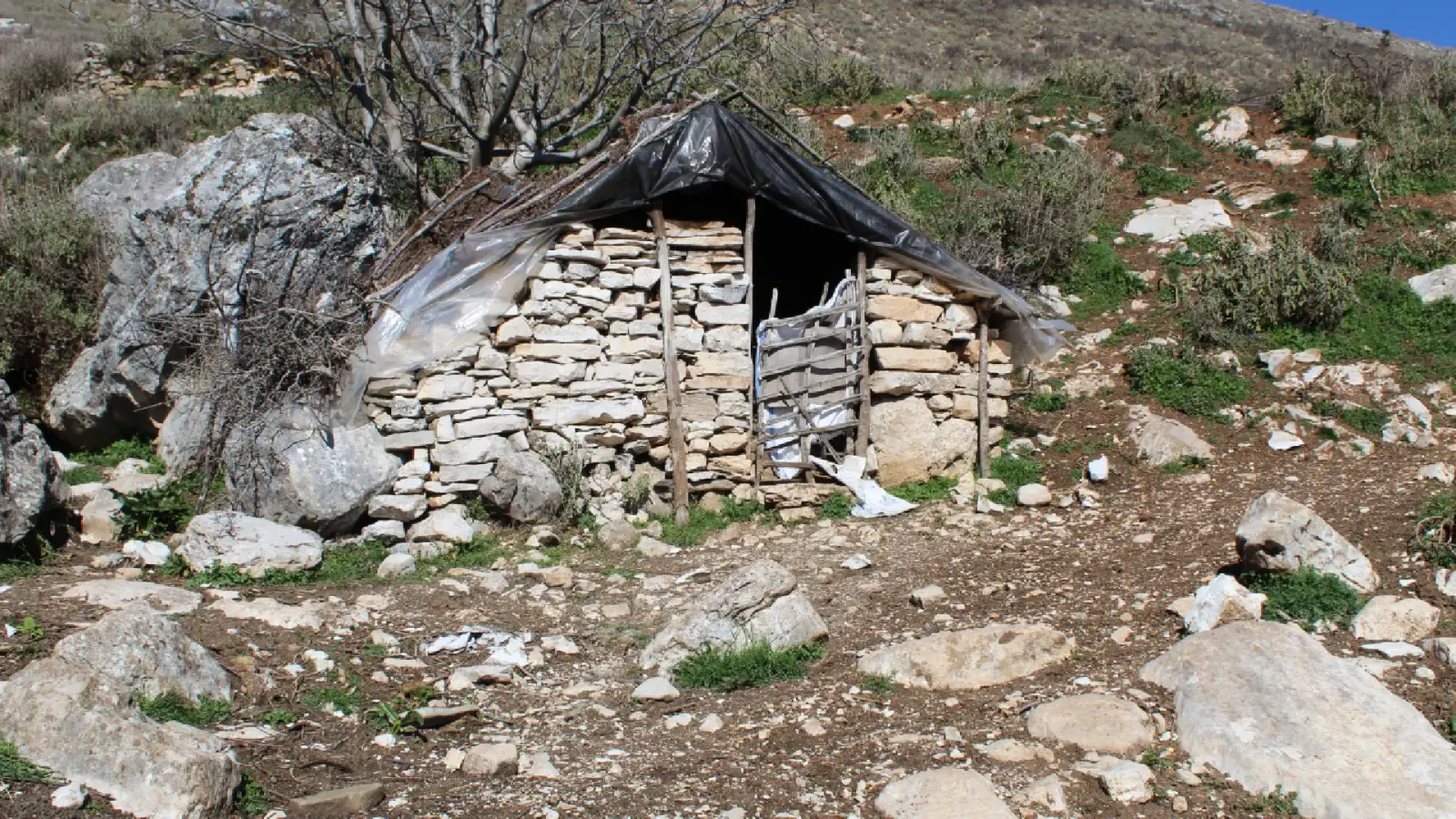 Kleine Trockenstein-Hirtenhütte mit Plastikplane an einem felsigen Hang